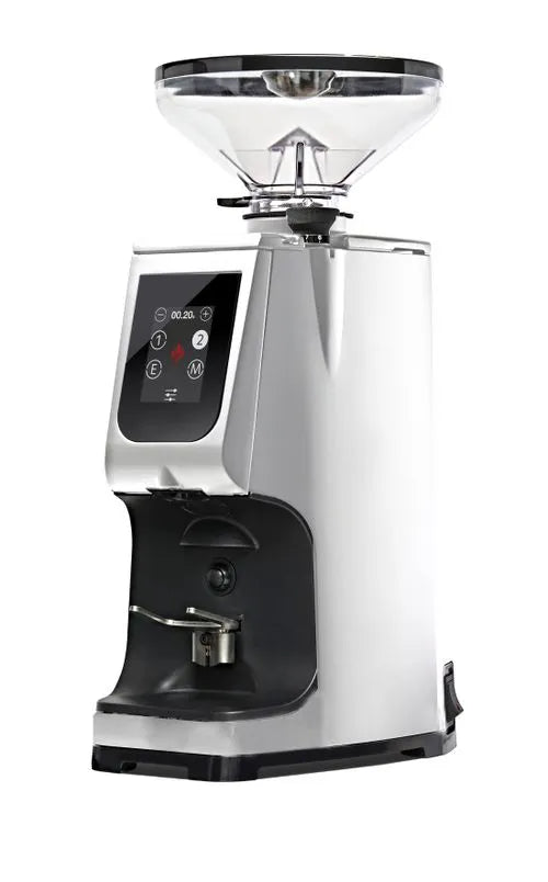 Eureka Atom Touch 65 professional espresso grinder featuring white body with clear plastic bean hopper on top, intuitive touchscreen control panel with digital display, black portafilter rest and grinding chamber at bottom, shown in product listing interface