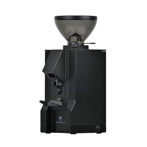 Eureka Mignon Manuale 15BL coffee grinder front view, Black finish with removable hopper.