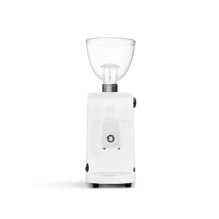 Ascaso i-Mini i-1 coffee grinder front view, white finish, clear hopper, compact design.