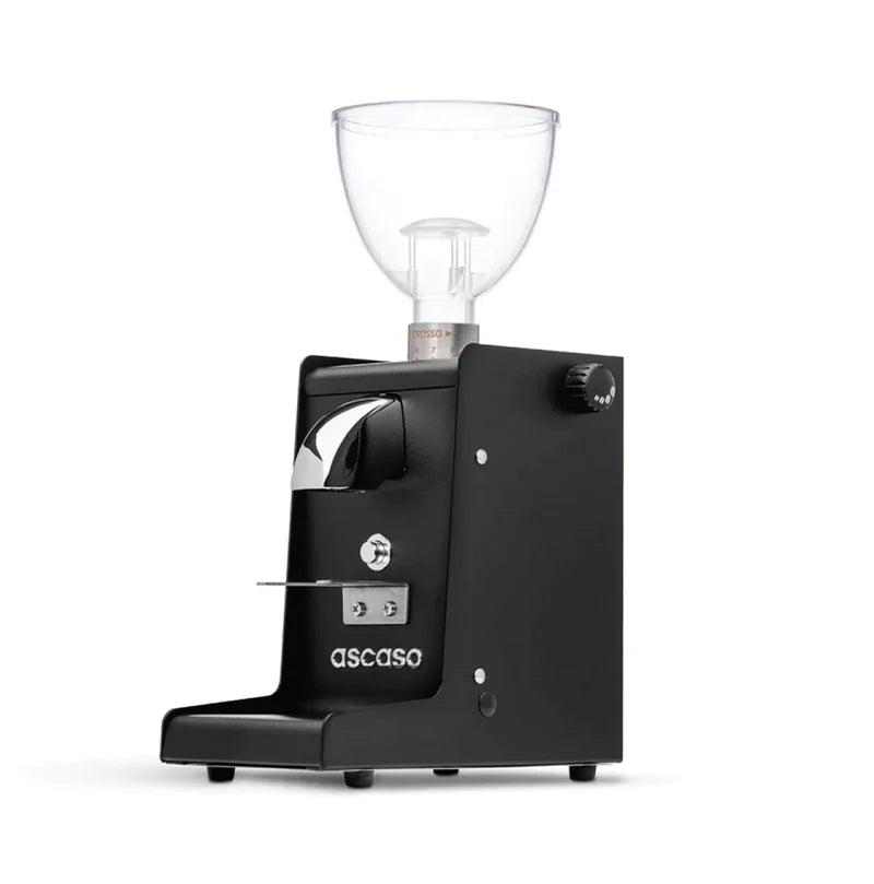 Rear view of Ascaso i‑Steel i‑1 grinder in black, power switch and cable port visible.