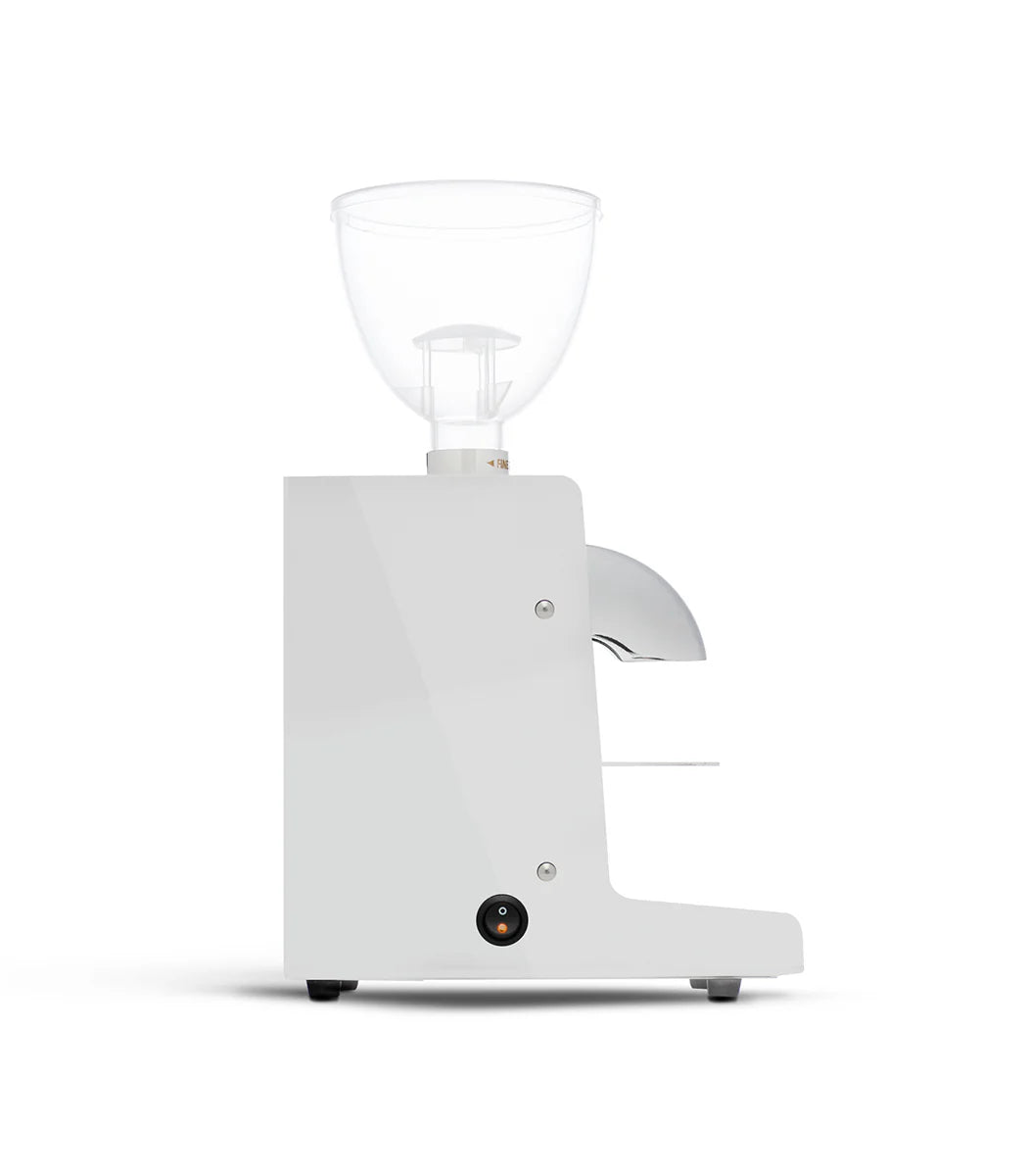 Ascaso i‑Steel i‑1 grinder left-side view showing chute and compact footprint, white finish.