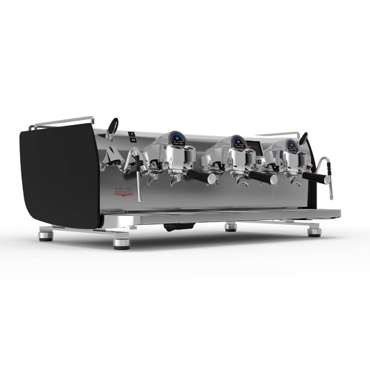 Black Eagle Maverick espresso machine front view with black side panels and stainless steel body