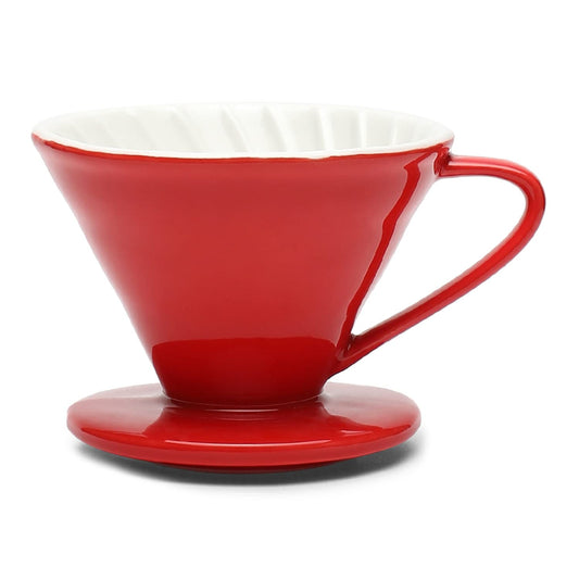 Red ceramic coffee dripper with cone shape and handle for pour-over brewing
