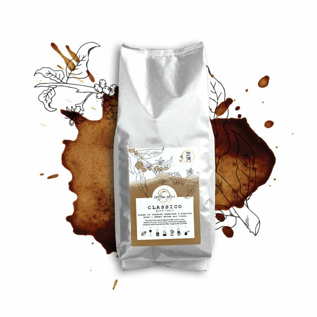 Classico Dark coffee bag with elegant silver packaging and rich dark roast branding with coffee splash art