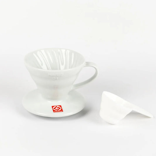 White ceramic coffee dripper with cone shape and spiral ridges, designed for 1-2 cups brewing with paper filter compatibility.