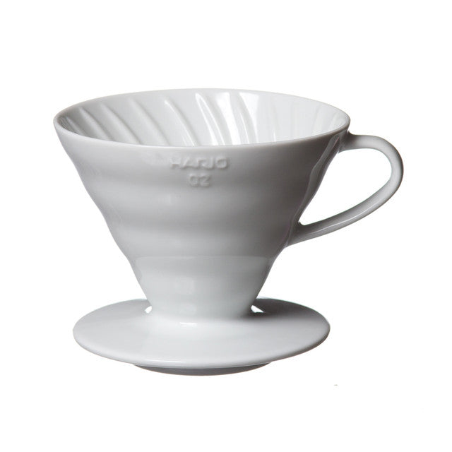 White plastic V60-style coffee dripper with cone shape, spiral ribs, and handle, designed for 1-2 cups brewing with paper filters.
