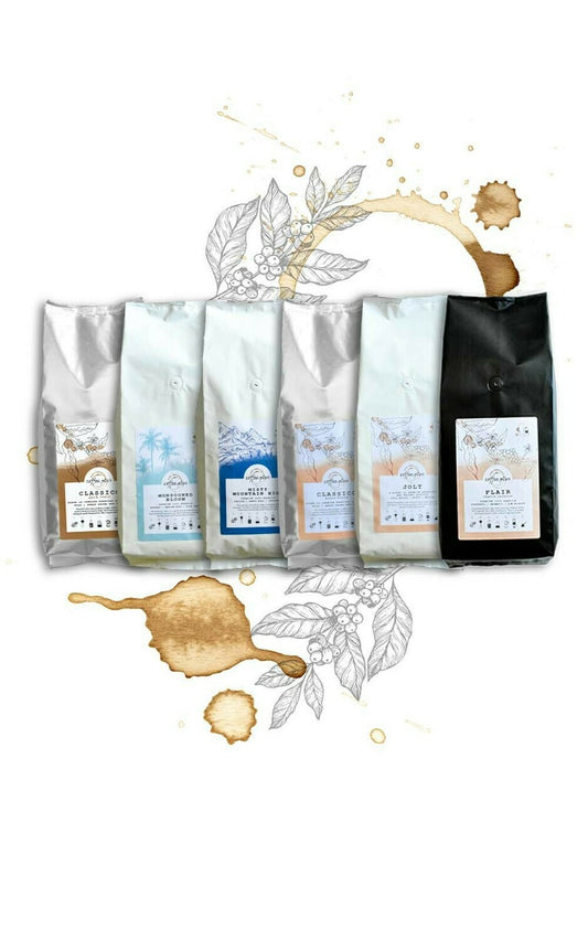 Premium Coffee Sampler Pack featuring five different coffee bags with artistic coffee splash backgrounds