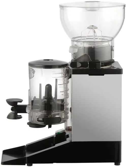 Cunill Tauro commercial coffee grinder front view with clear hopper, doser and stainless steel body