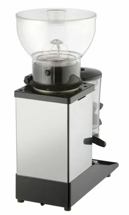 Side view of Cunill Tauro commercial coffee grinder showing ergonomic doser lever and controls