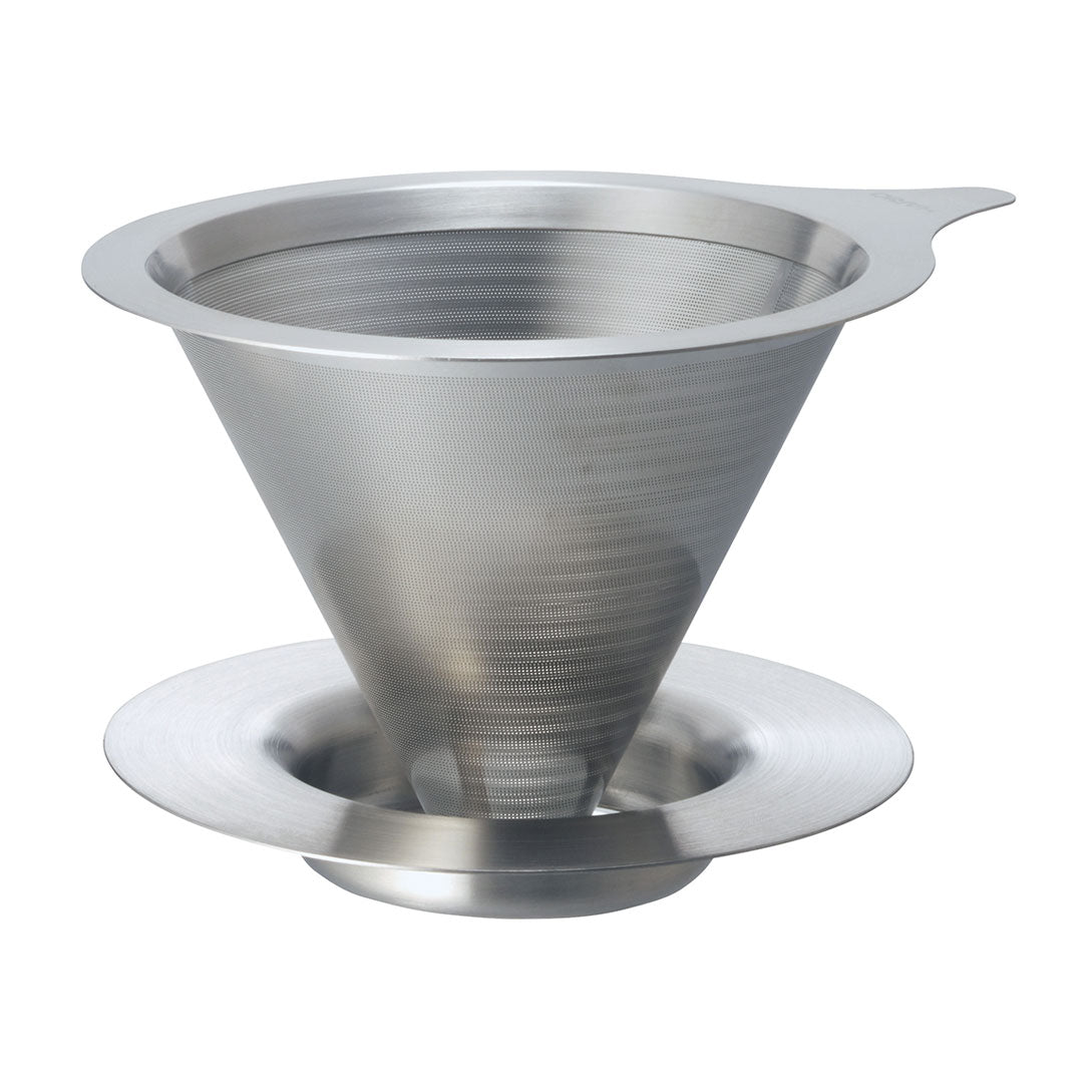 Hario Double Mesh Metal Dripper Size 01 in brushed stainless steel finish, designed for 1-2 cups brewing capacity.