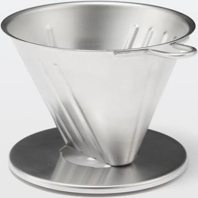 Hario Double Mesh Metal Dripper in stainless steel finish with cone shape and integrated base for 1-4 cups brewing.