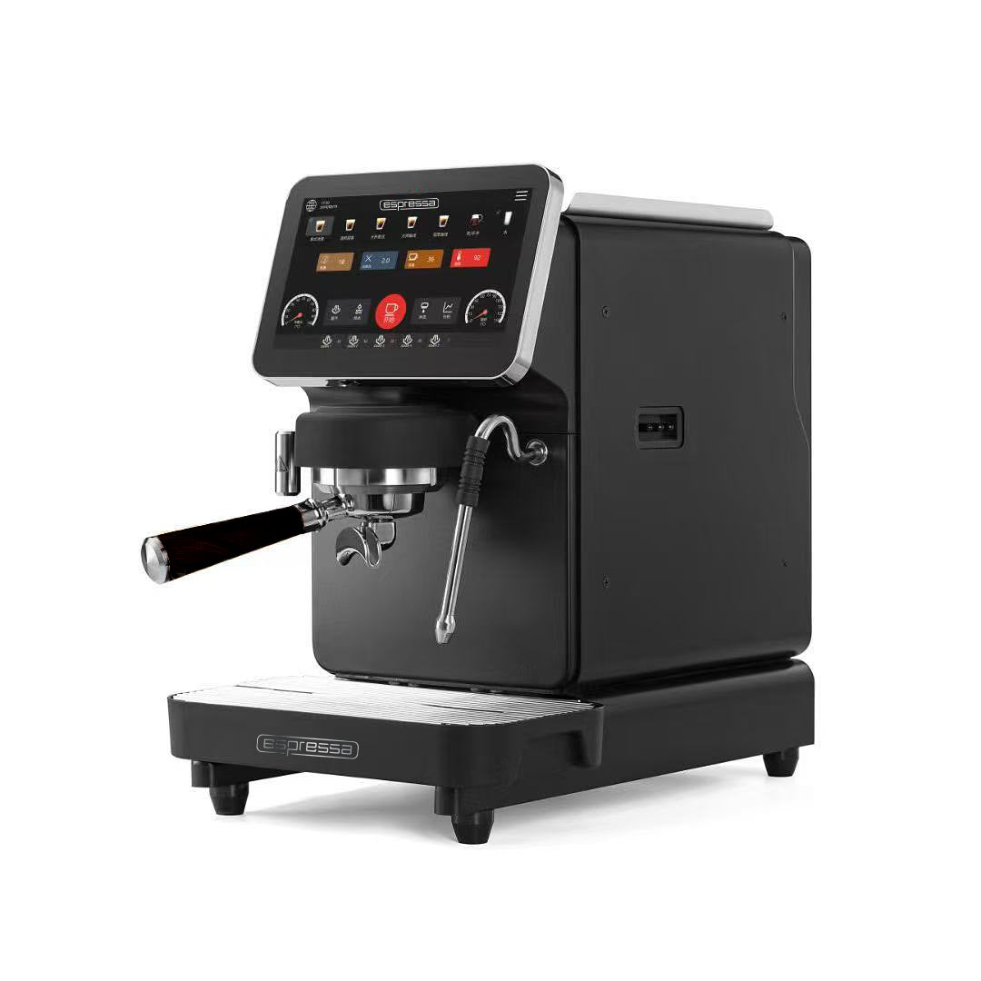 Espressa Alpha S1 compact black espresso machine side angle showing portafilter and digital control panel