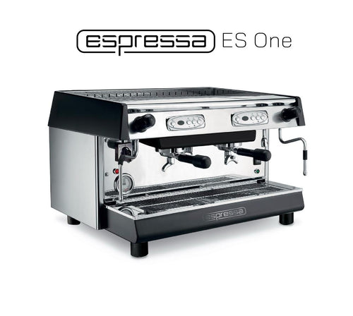 Espressa ES One 2-group professional espresso machine front view with stainless steel finish and raised group heads