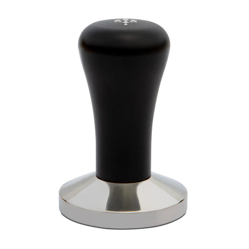 Eureka 58mm aluminium tamper with black ergonomic handle and polished base