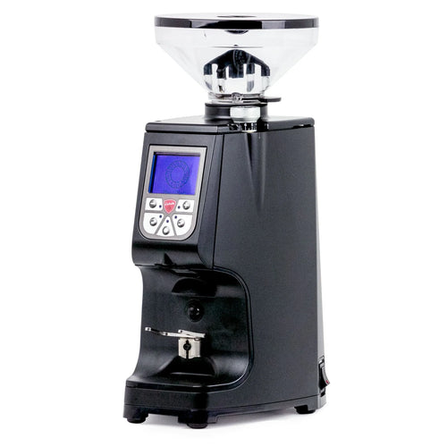 Eureka Atom 75 espresso grinder with black body, clear bean hopper and touchscreen display showing professional design