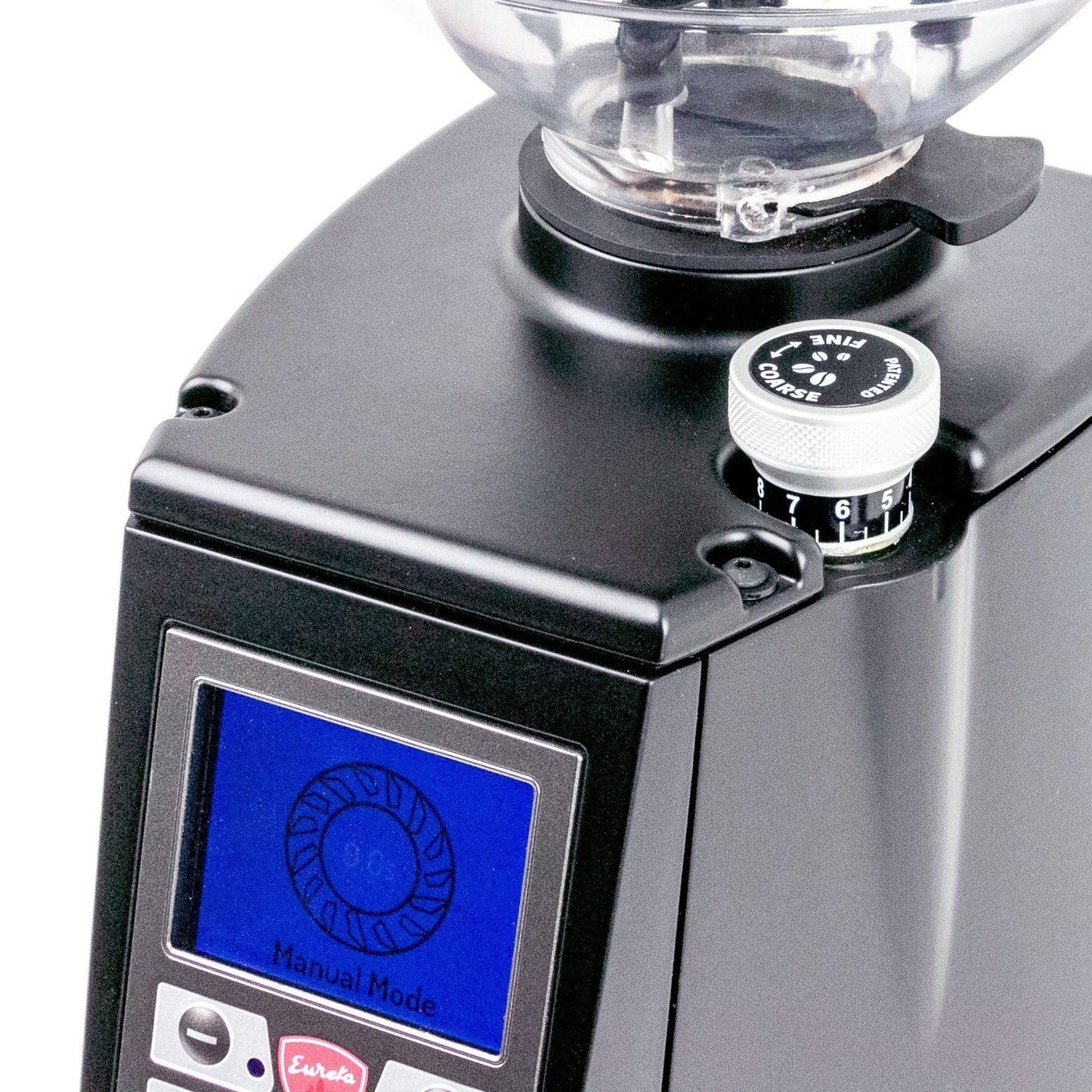Side view of Eureka Atom 75 espresso grinder highlighting 75mm burr assembly and compact professional footprint