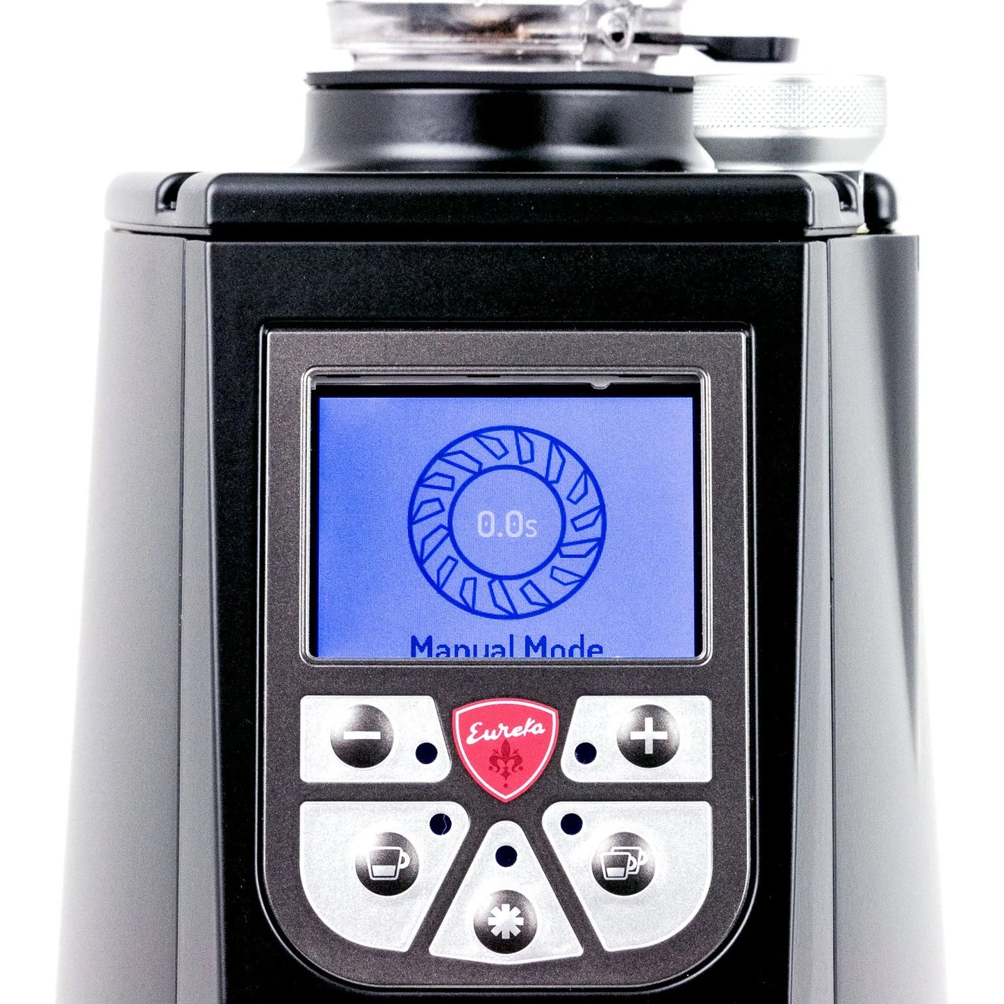 Close-up of Eureka Atom 75 touchscreen interface showing digital controls and grinding parameters