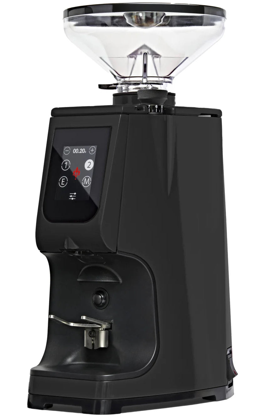 Eureka Atom Touch 65 espresso grinder with black body, clear bean hopper and touchscreen display