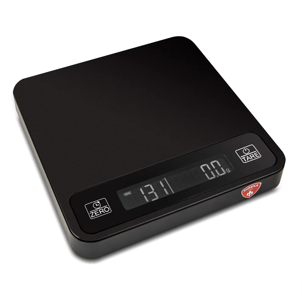 Eureka Digital Scale Precisa front view, black finish, LCD display, showing weight and timer functions.