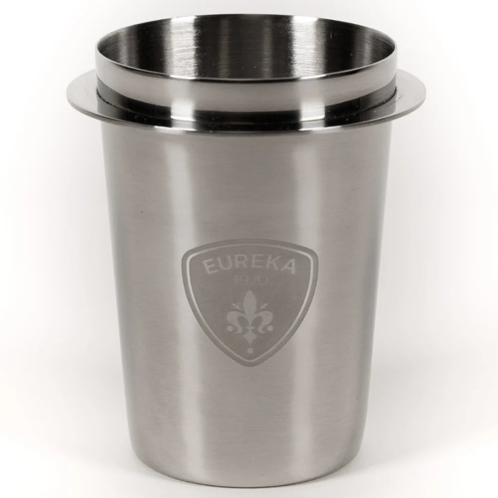 Stainless steel Eureka dosing cup isolated view showing sleek design and logo.