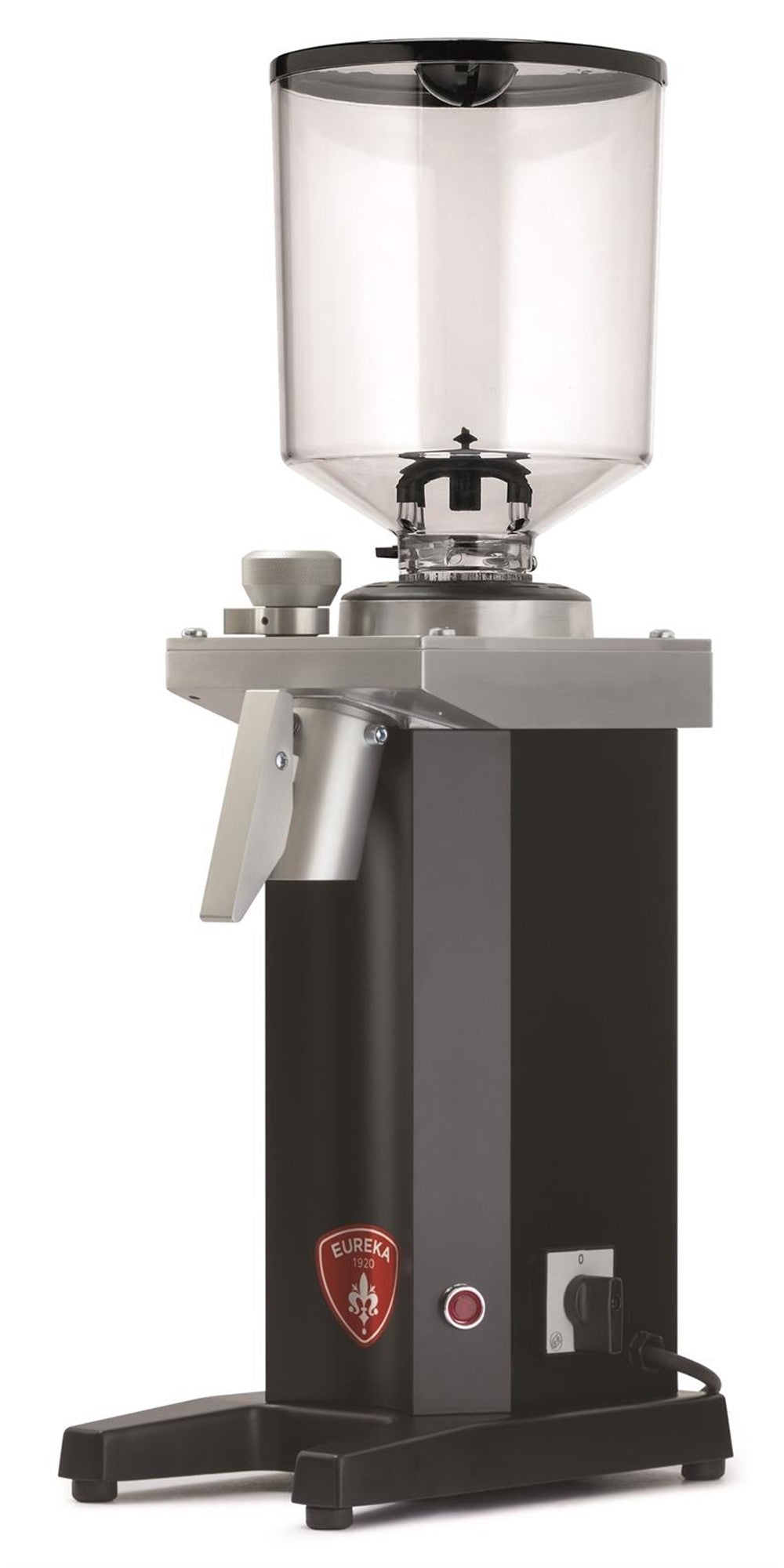 Side view of Eureka Drogheria MCD4 Shop Grinder 75mm showing sturdy aluminum construction and control panel
