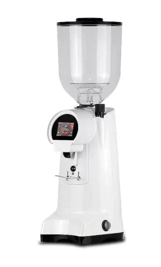 Eureka Firenze 75 espresso grinder front view, white finish, touchscreen controls.