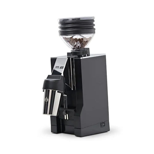 Eureka Mignon Zero 65 All Purpose grinder in sleek black finish with precision digital controls and transparent bean hopper on top