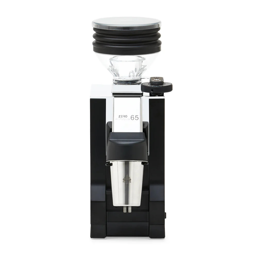 Side angle of Eureka Mignon Zero 65 All Purpose grinder with bellows system and dosing cup.