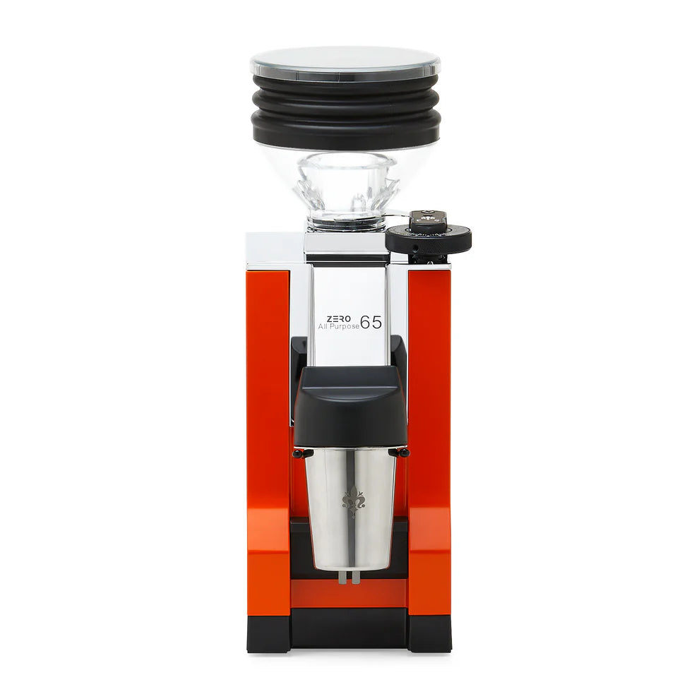 Red finish Eureka Mignon Zero 65 All Purpose grinder with single dose hopper setup.