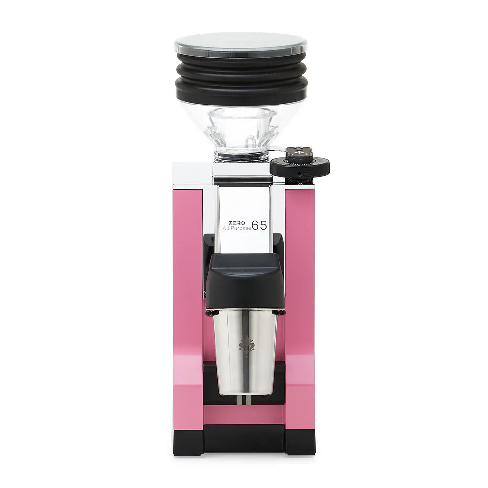 Pink finish Eureka Mignon Zero 65 All Purpose grinder side view.
