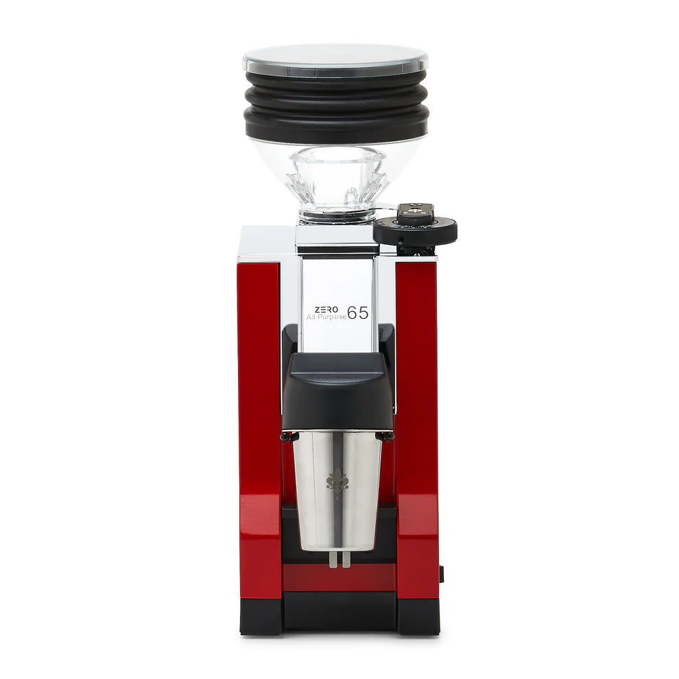 Red finish Eureka Mignon Zero 65 front view with single dose hopper.