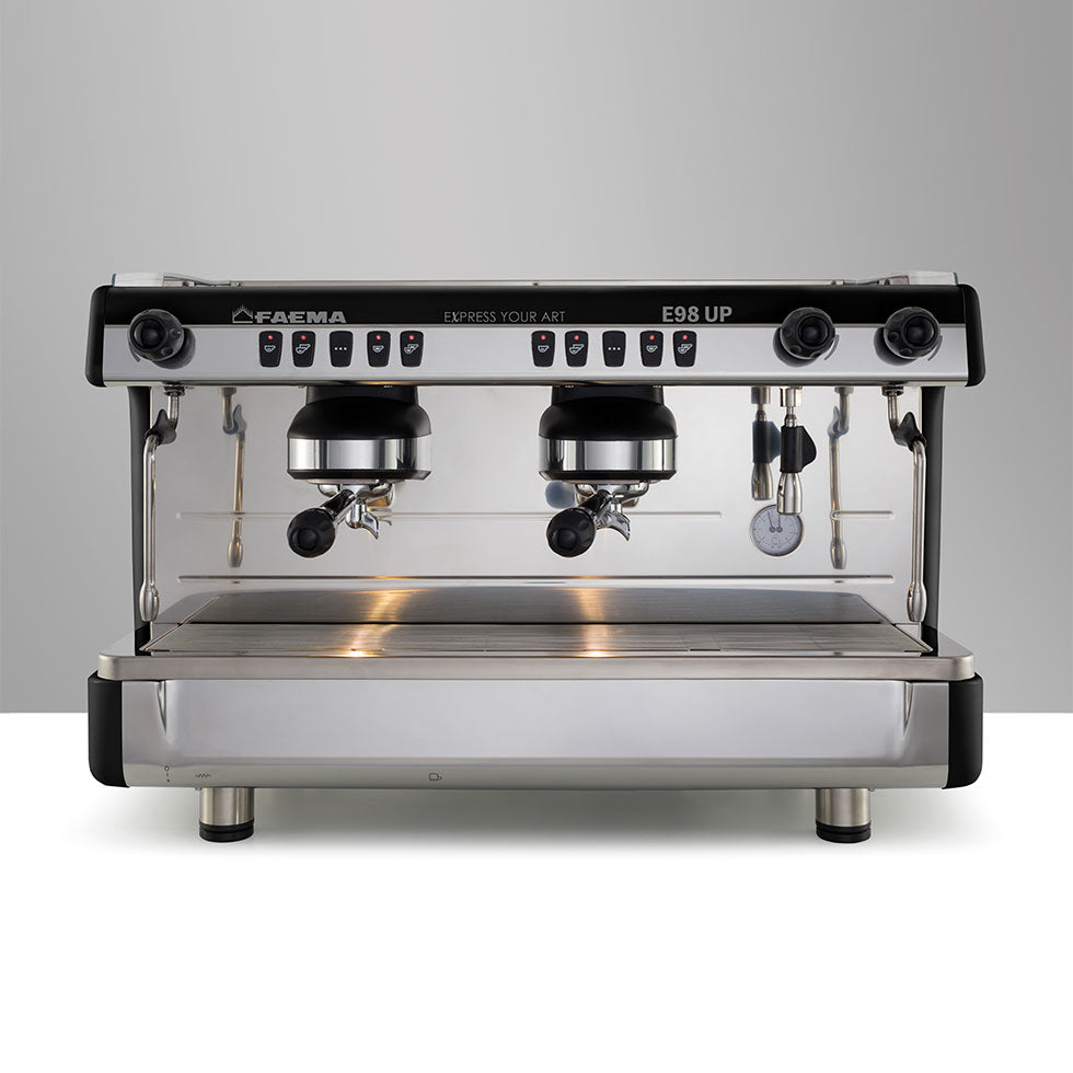 Faema E98 UP A/2 dual group espresso machine with polished stainless steel construction and professional control panel.