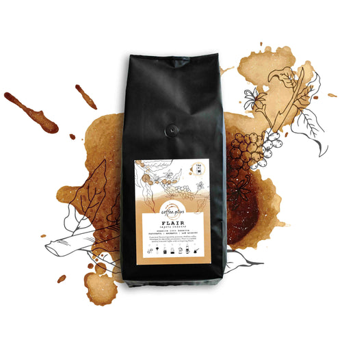 Flair coffee beans in black package with artistic coffee splash and brewing illustration