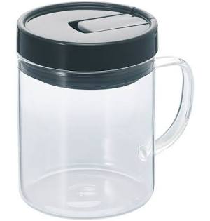 HARIO Coffee Canister Slim S with black lid, clear glass body and side handle