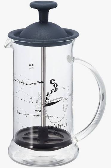 Hario Coffee Press Slim S Black 240ml with clear heat-resistant glass body, black lid, plunger system, and measurement markings.