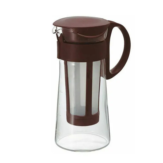Hario Cold Brew Coffee Maker 600ml in brown with clear glass body, built-in fine mesh polyester filter, and ergonomic handle