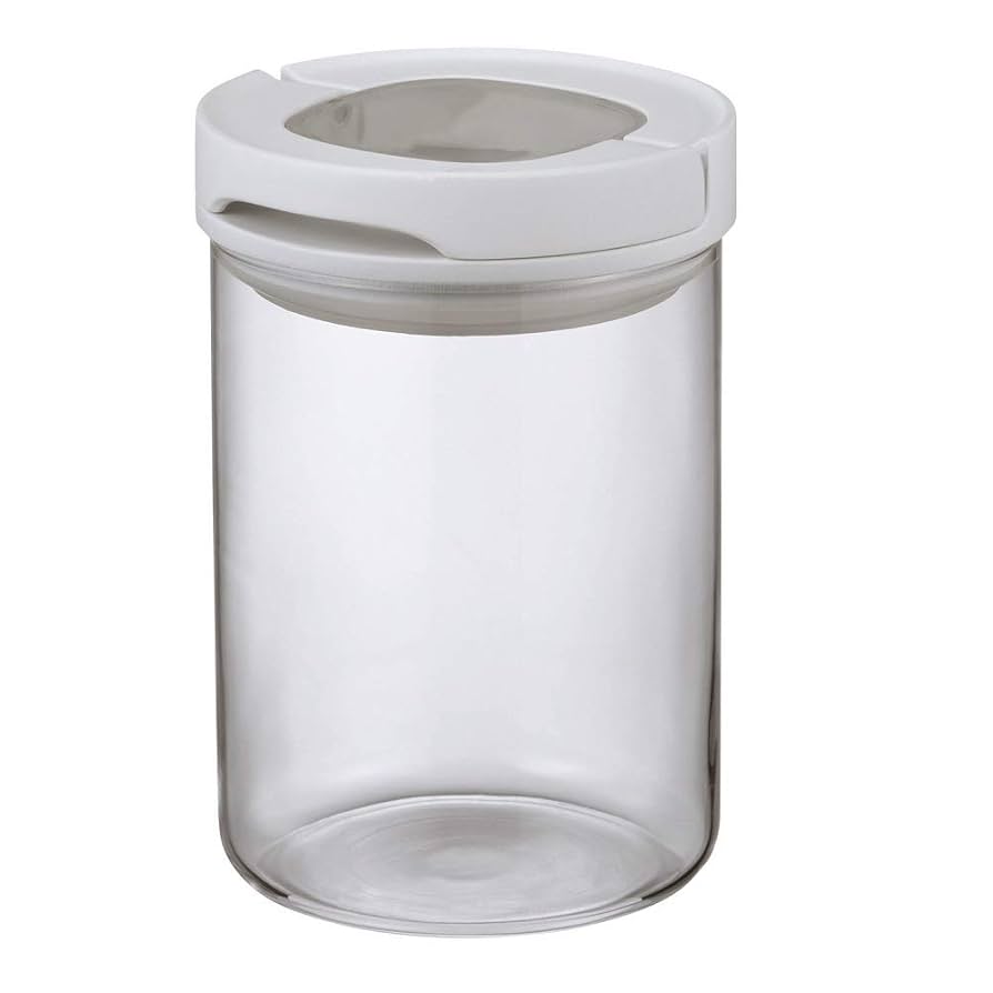 HARIO Sealed Canister M with white lid, clear glass body and transparent window