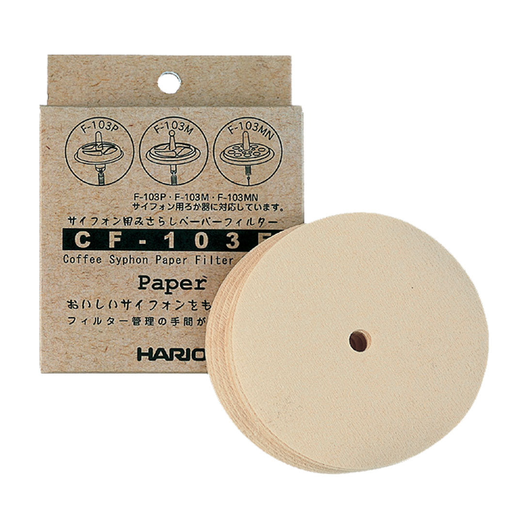 Hario syphon paper filters 100-pack in brown packaging with round filter disc