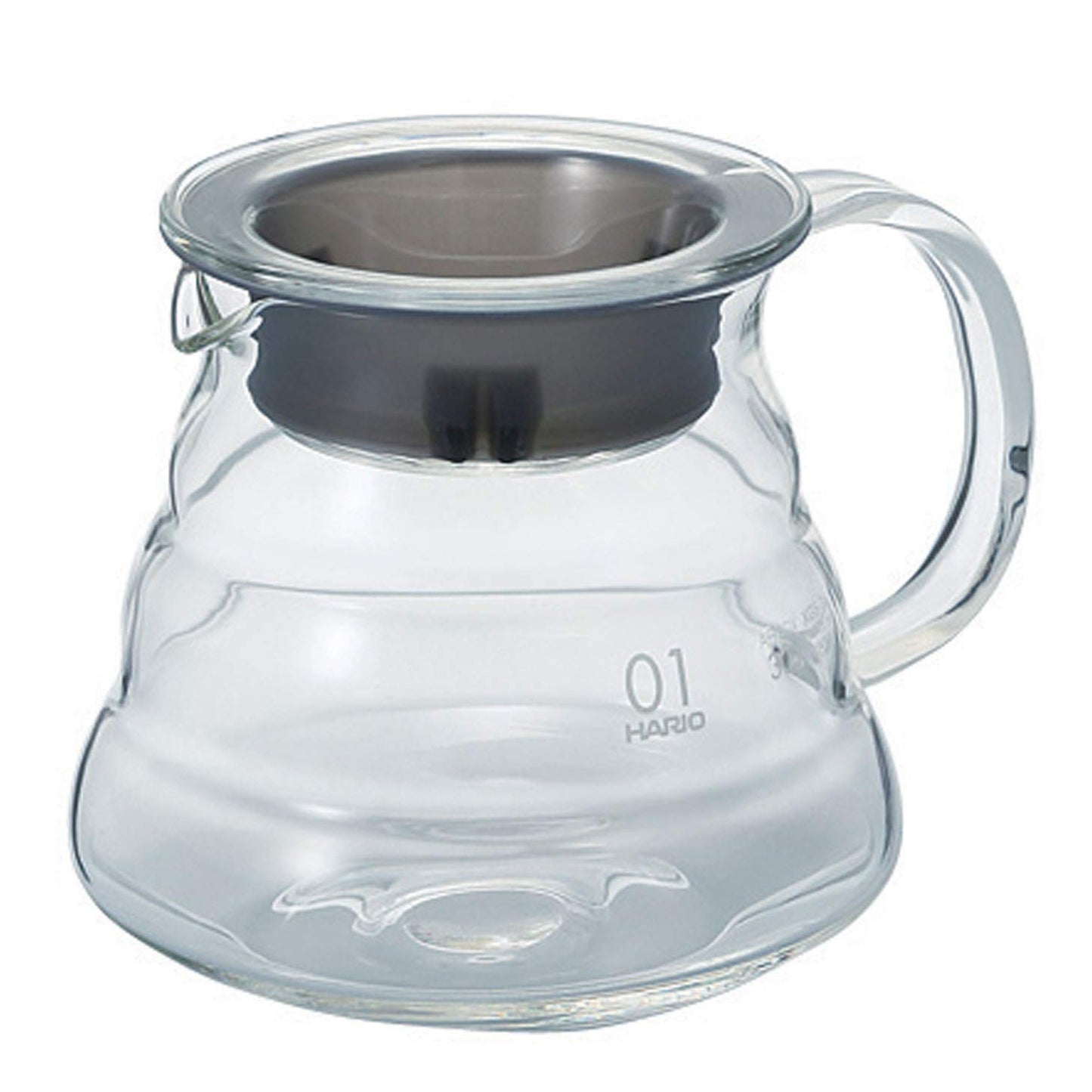 Hario V60 Coffee Server 360ml with clear borosilicate glass body, ergonomic handle, and steel mesh filter insert for pour-over brewing.