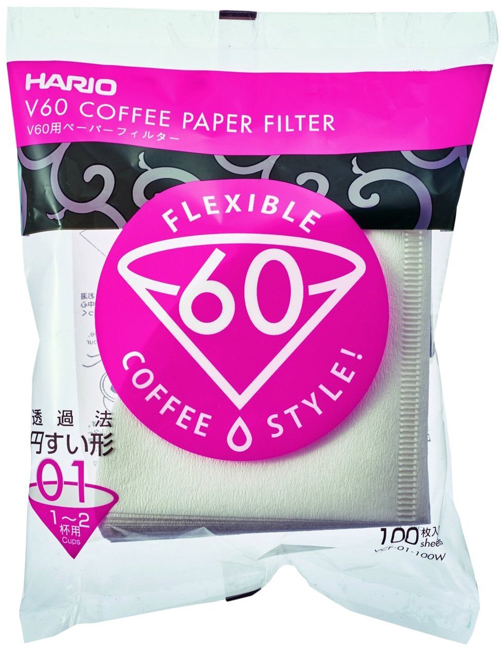 Hario V60 Paper Filter package showing 100 white bleached cone-shaped filters for Size 01 dripper brewing 1-2 cups.