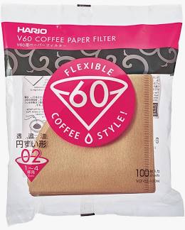 Hario V60 Paper Filter 02 brown 100-pack in retail packaging with cone-shaped filters