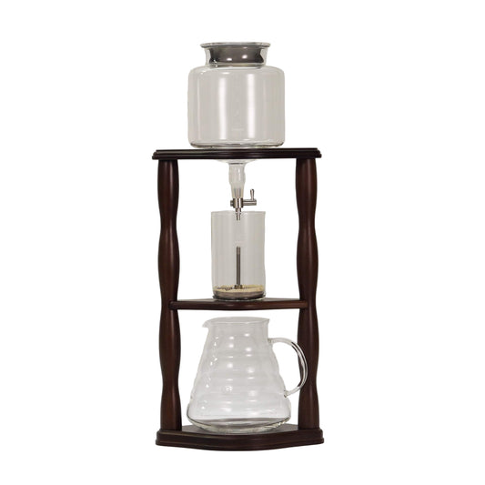 Hario Water Dripper Wood cold brew tower with wooden stand and glass chambers