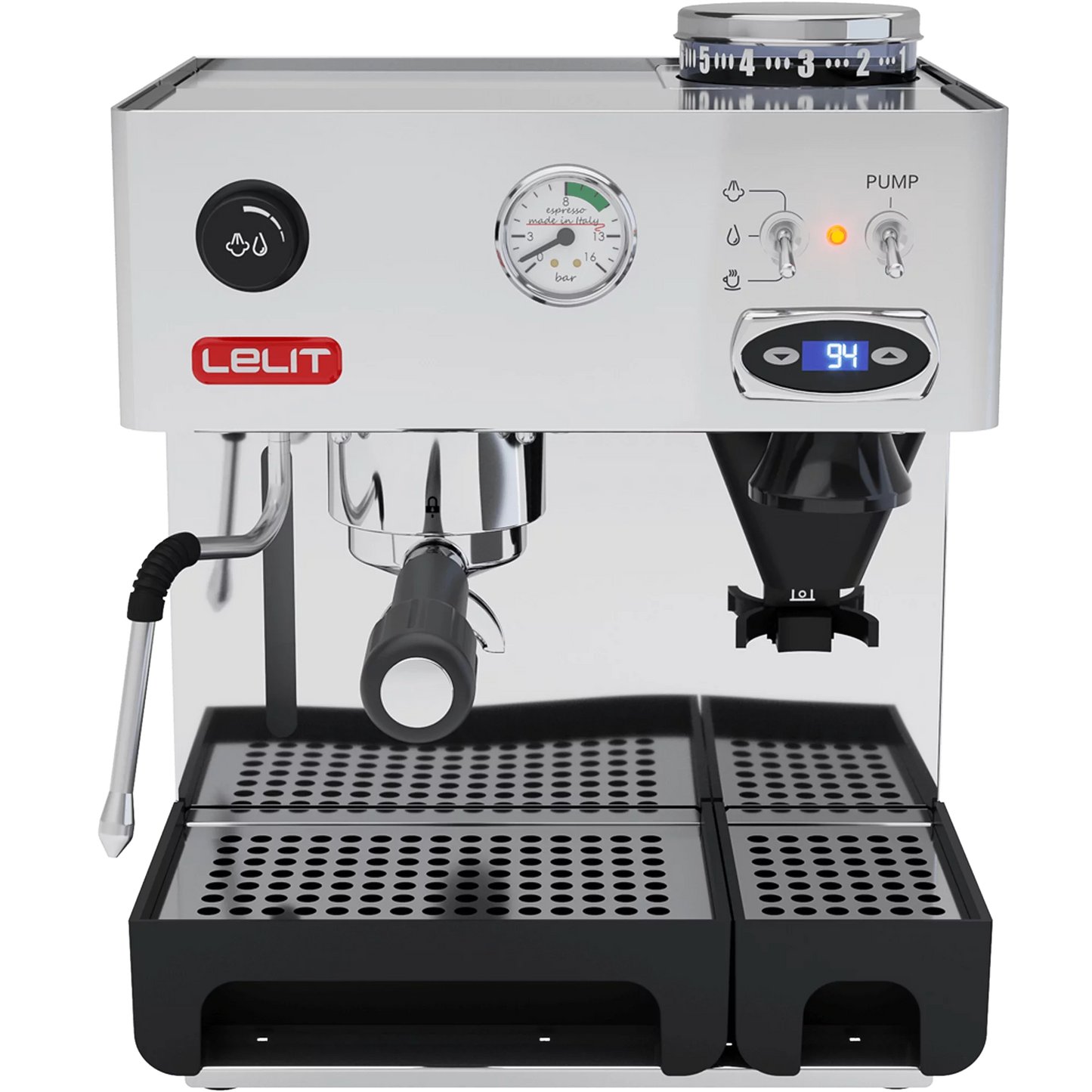 Lelit Anita with PID espresso machine front view showing stainless steel body, digital display and integrated grinder
