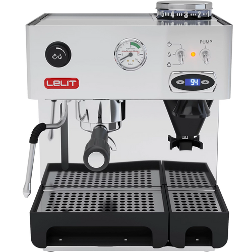 Lelit Anita with PID espresso machine front view showing stainless steel body, digital display and integrated grinder