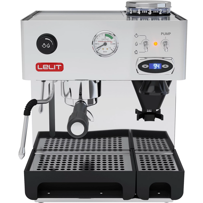 Lelit Anita with PID espresso machine front view showing stainless steel body, digital display and integrated grinder