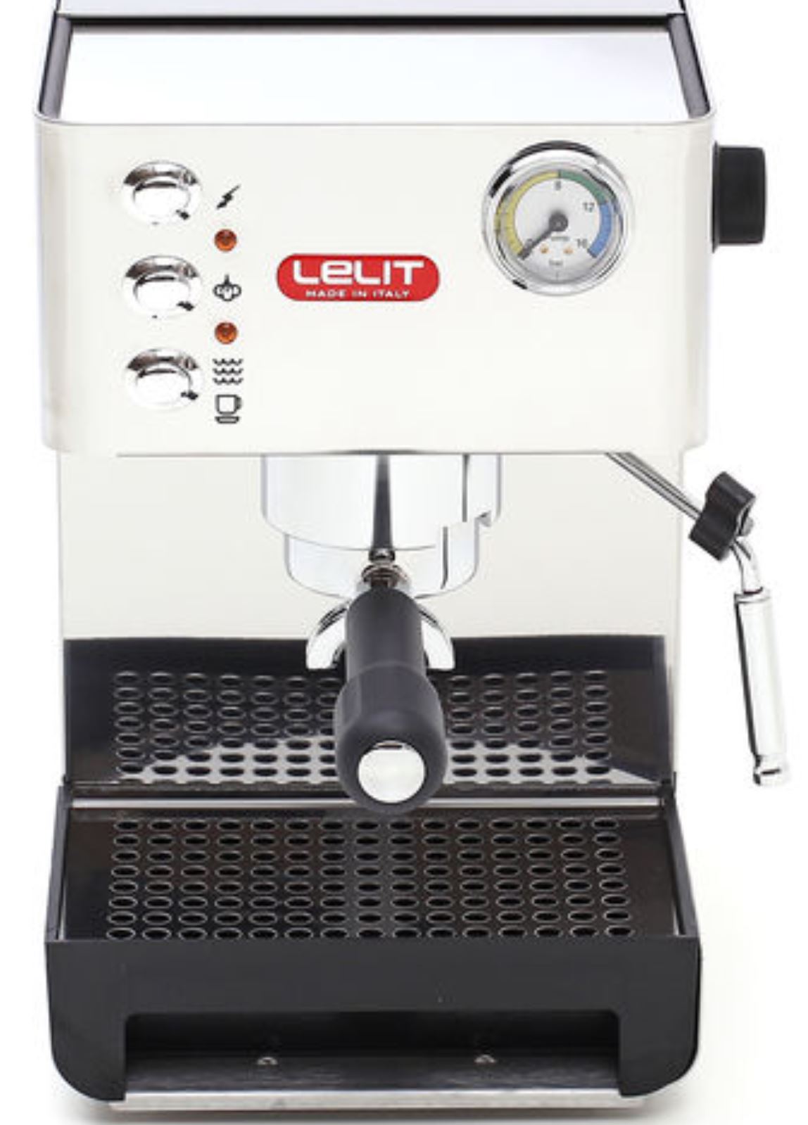 Lelit Anna PL41EM espresso machine front angle with visible gauge, controls, and drip tray.