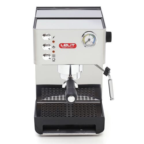 Lelit Anna PL41EM espresso machine front view, stainless steel body, black base, control knobs.