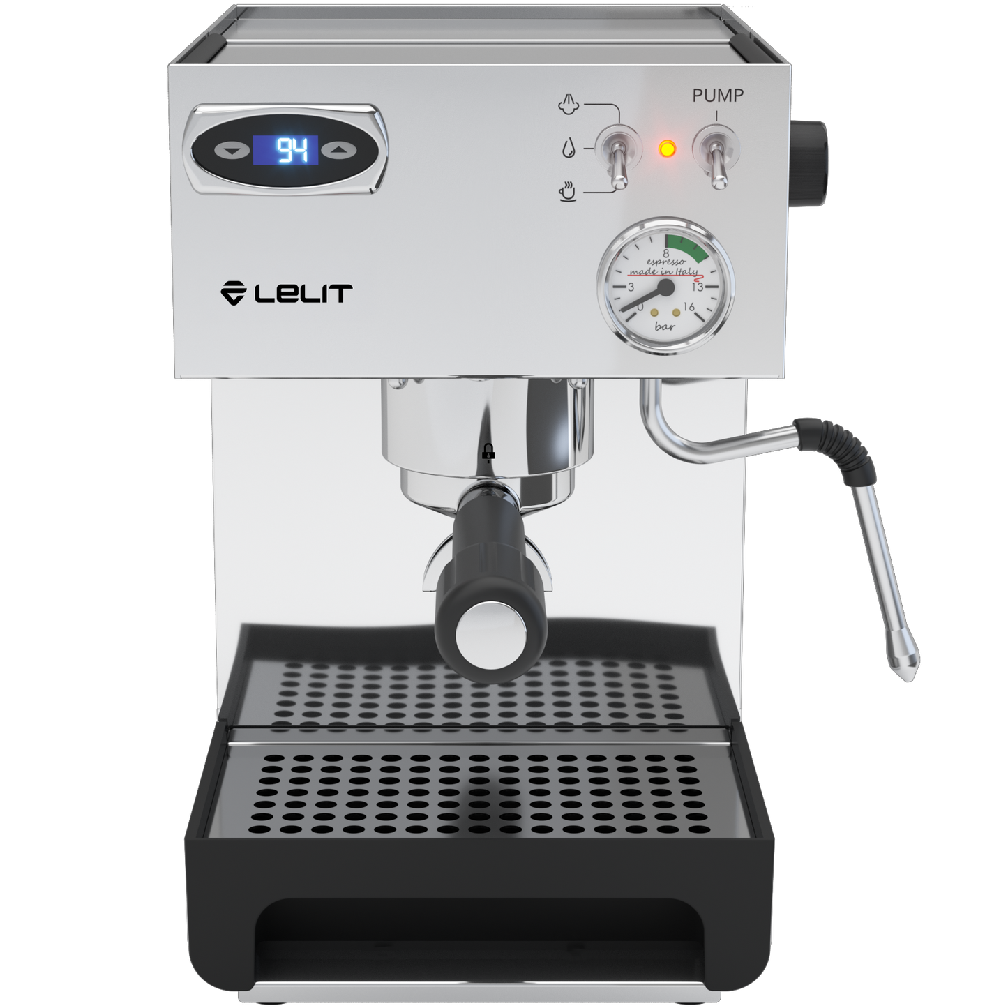 Lelit Anna PL41TEM espresso machine front angle, PID, gauge, controls, and drip tray.