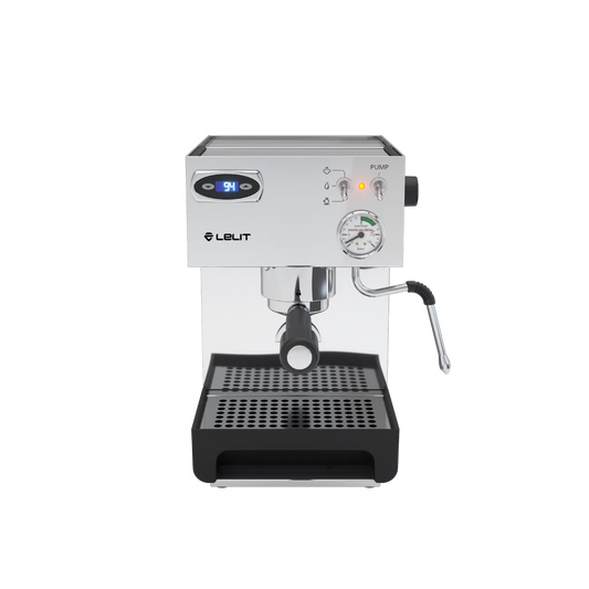 Lelit Anna PL41TEM espresso machine front view, stainless steel body, PID display, steam wand.