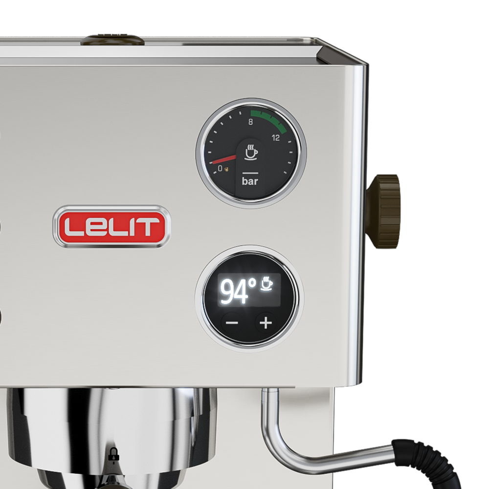 Lelit Victoria PL91T espresso machine close-up of control panel, gauge, and PID temperature display.